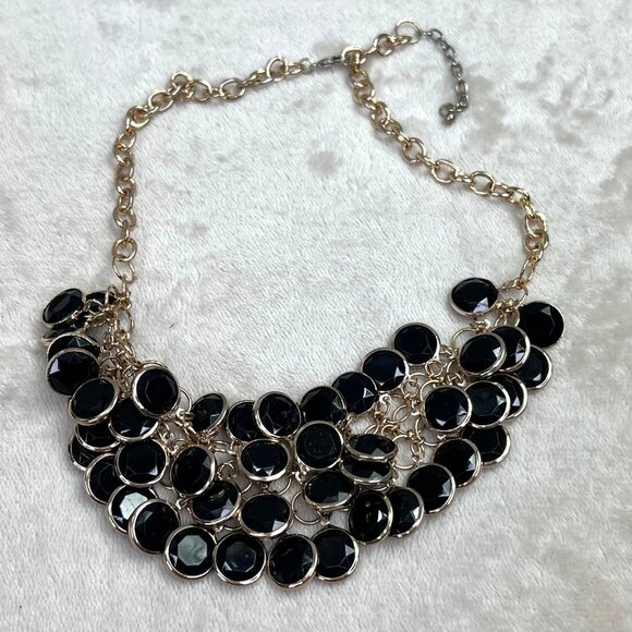 Chunky Beaded Layered Bib Necklace Black Gold Tone Round - Picture 4 of 5